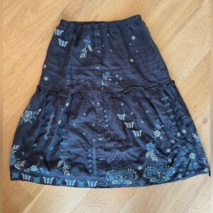 Johnny Was Midi Skirt Linen Embroidery Nico Ruffle Floral Boho Beachy Elastic M